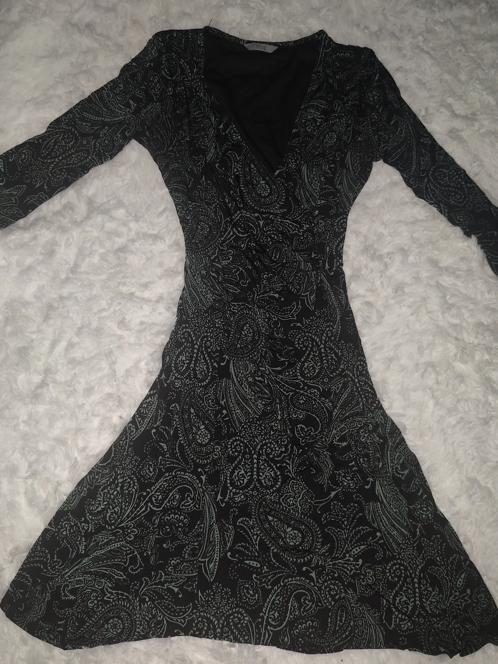 Marks & Spencer Black Dress with Teal Paisley Print, Long Sleeve